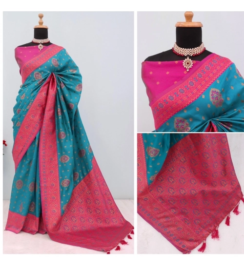 Generic Women's Banarasi Printed Saree With Unstitched Blouse 5.5Mtr (Aqua Blue)