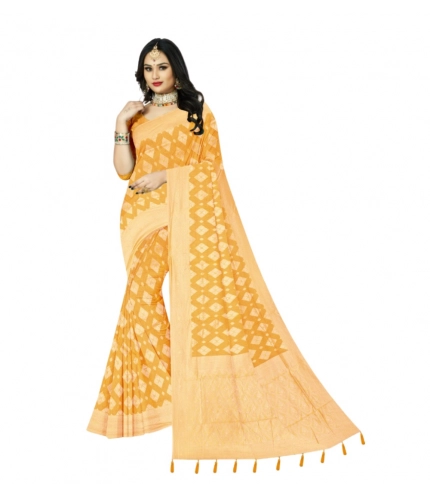 Generic Women's Cotton Printed Saree With Unstitched Blouse 5.5Mtr (Yellow)