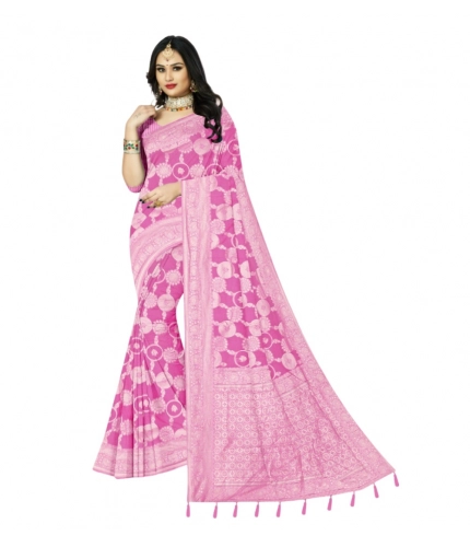 Generic Women's Cotton Printed Saree With Unstitched Blouse 5.5Mtr (Pink)