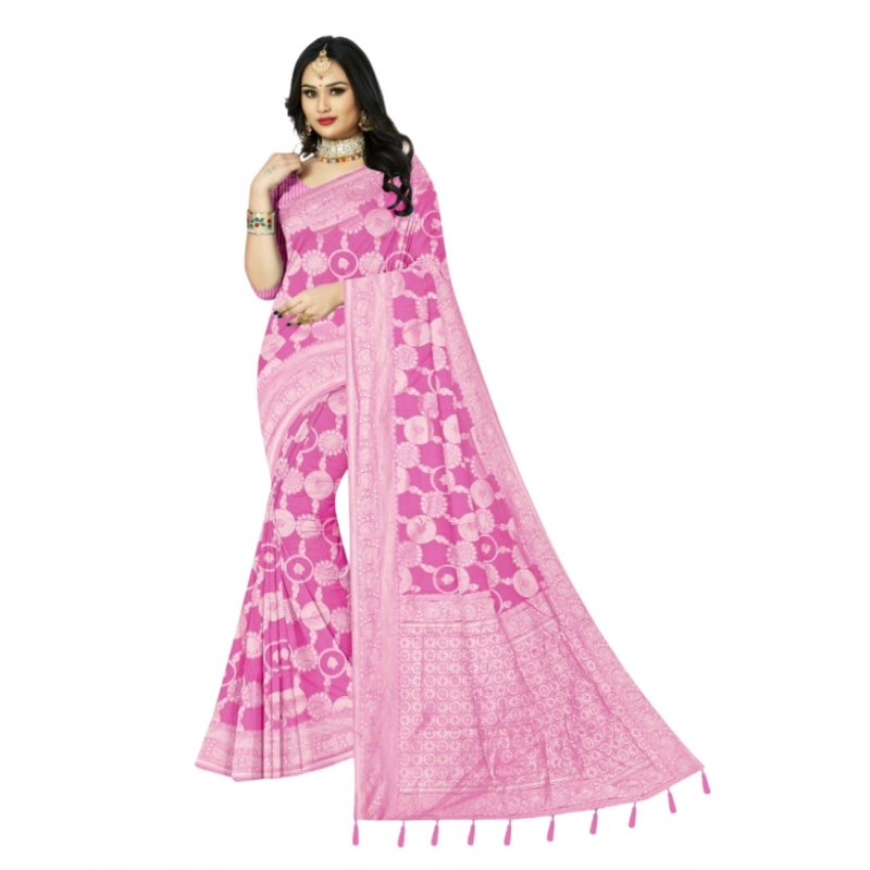 Women's Cotton Printed Saree With Unstitched Blouse 5.5Mtr (Pink)