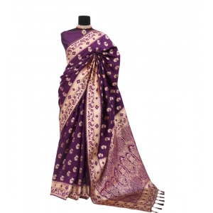 Generic Women's Satin Printed Saree With Unstitched Blouse 5.5Mtr (Purple)