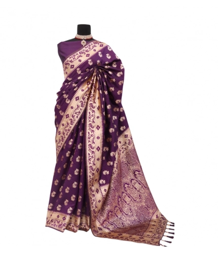 Generic Women's Satin Printed Saree With Unstitched Blouse 5.5Mtr (Purple)