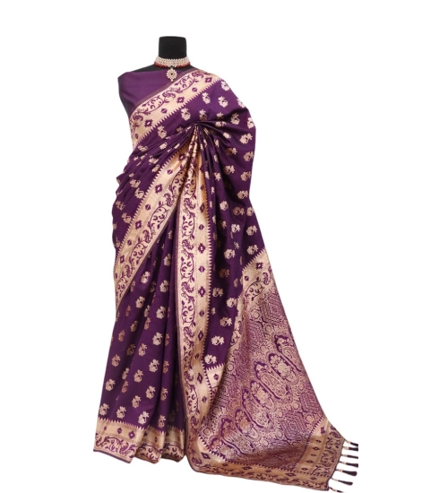 Generic Women's Satin Printed Saree With Unstitched Blouse 5.5Mtr (Purple)