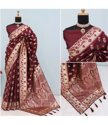 Generic Women's Satin Printed Saree With Unstitched Blouse 5.5Mtr (Brown)