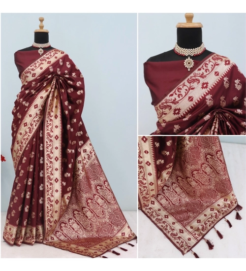 Generic Women's Satin Printed Saree With Unstitched Blouse 5.5Mtr (Brown)