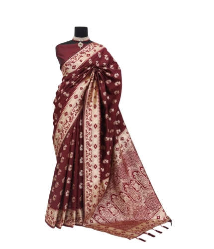 Generic Women's Satin Printed Saree With Unstitched Blouse 5.5Mtr (Brown)