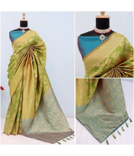 Generic Women's Banarasi Printed Saree With Unstitched Blouse 5.5Mtr (Mehendi Green)