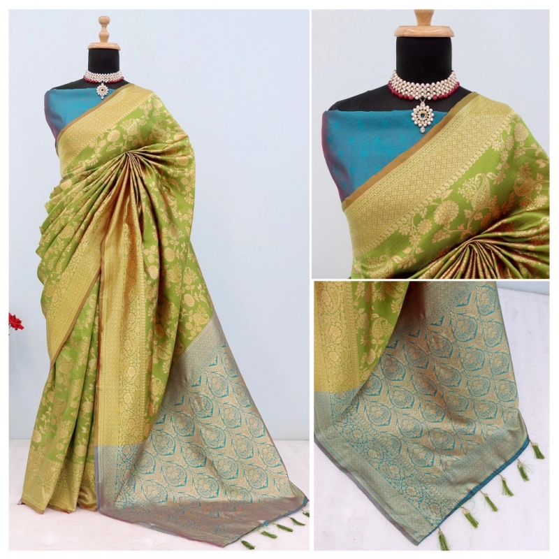 Women's Banarasi Printed Saree With Unstitched Blouse 5.5Mtr (Mehendi Green)