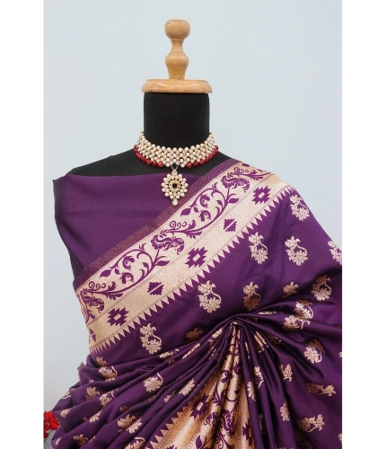 Generic Women's Satin Printed Saree With Unstitched Blouse 5.5Mtr (Purple)