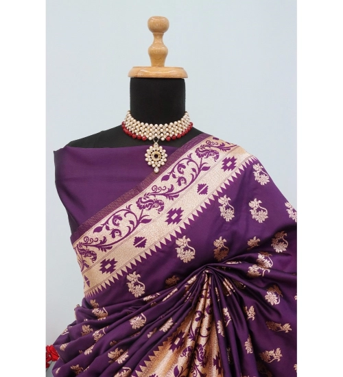 Generic Women's Satin Printed Saree With Unstitched Blouse 5.5Mtr (Purple)