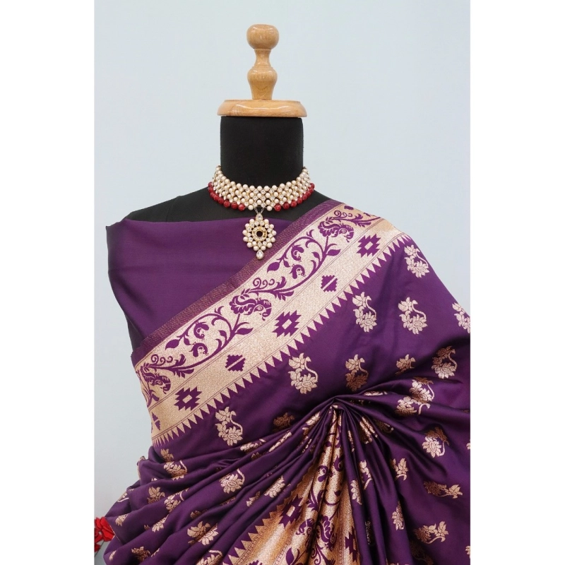 Women's Satin Printed Saree With Unstitched Blouse 5.5Mtr (Purple)