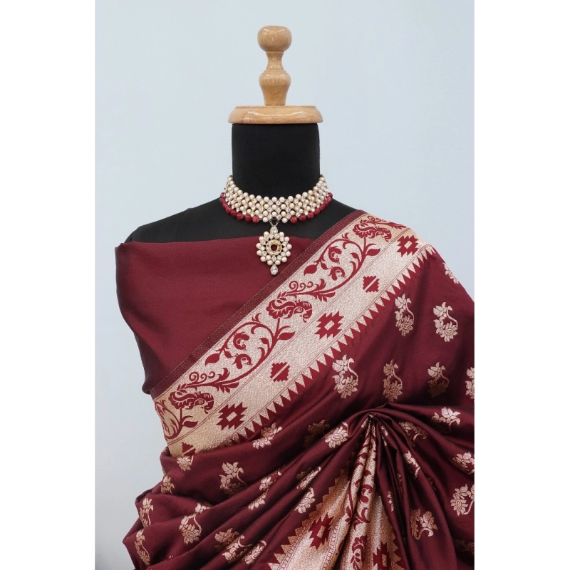 Women's Satin Printed Saree With Unstitched Blouse 5.5Mtr (Brown)
