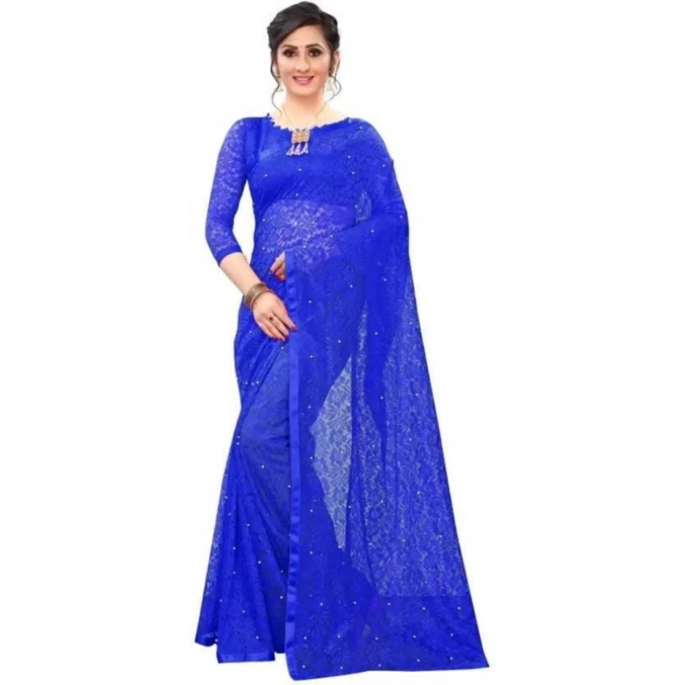 Generic Women's Net Self Design Bollywood Saree With Unstitched Blouse (5.5Mtr, Blue)