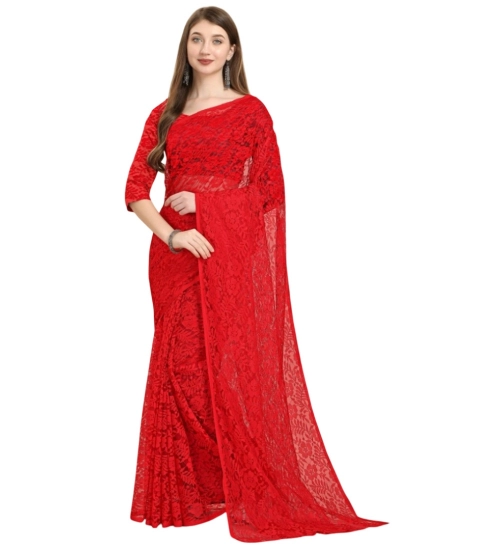 Generic Women's Net Self Design Bollywood Saree With Unstitched Blouse (5.5Mtr, Red)