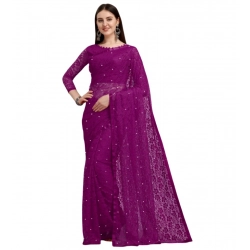 Generic Women's Net Self Design Bollywood Saree With Unstitched Blouse (5.5Mtr, Purple)