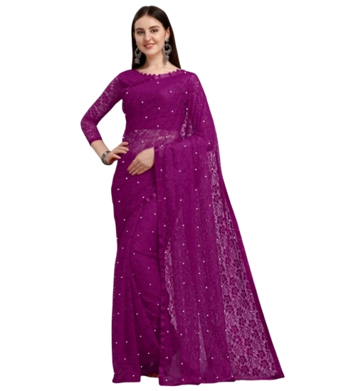 Generic Women's Net Self Design Bollywood Saree With Unstitched Blouse (5.5Mtr, Purple)