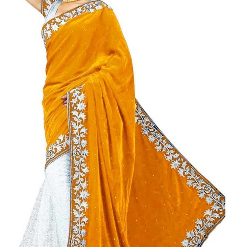 Generic Women's Velvet Embellished Bollywood Saree With Unstitched Blouse (5.5Mtr, Yellow)