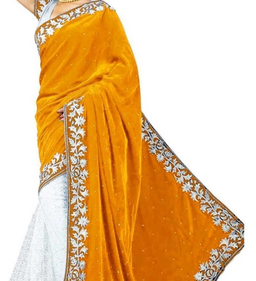 Generic Women's Velvet Embellished Bollywood Saree With Unstitched Blouse (5.5Mtr, Yellow)