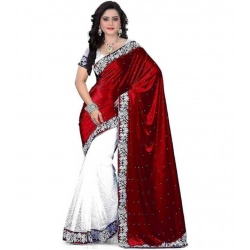 Generic Women's Velvet-Net Embroidered Saree With Unstitched Blouse (5.5Mtr, Maroon)