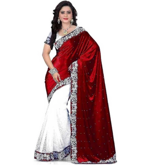 Generic Women's Velvet-Net Embroidered Saree With Unstitched Blouse (5.5Mtr, Maroon)