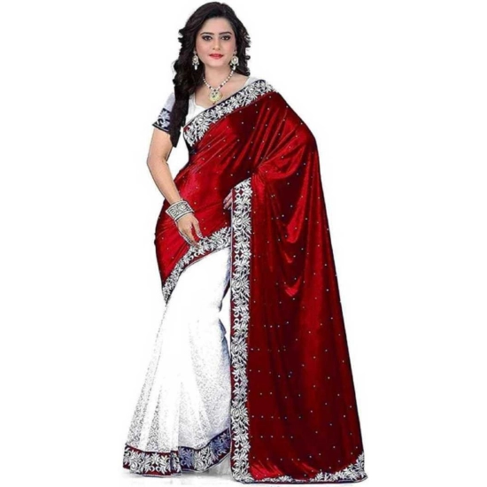 Generic Women's Velvet-Net Embroidered Saree With Unstitched Blouse (5.5Mtr, Maroon)