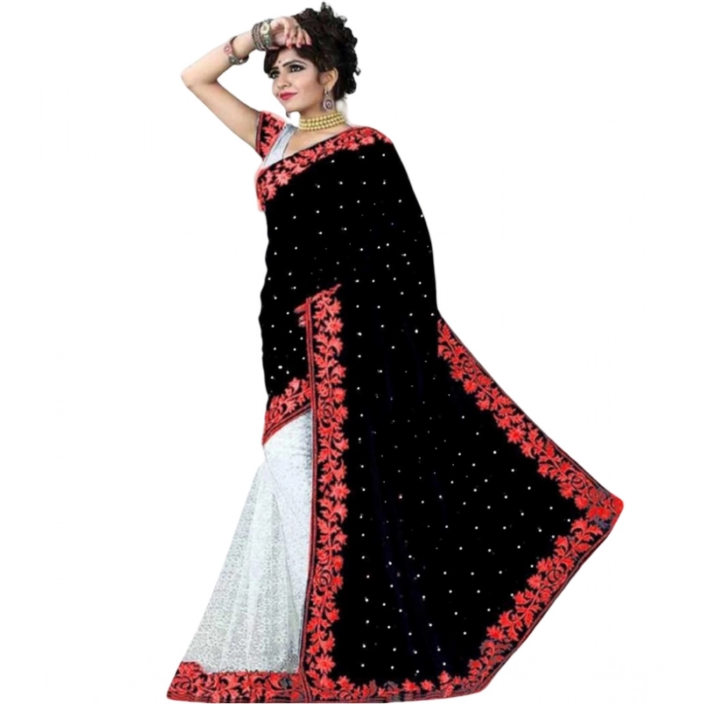 Generic Women's Velvet Embroidered Bollywood Saree With Unstitched Blouse (5.5Mtr, Blue)