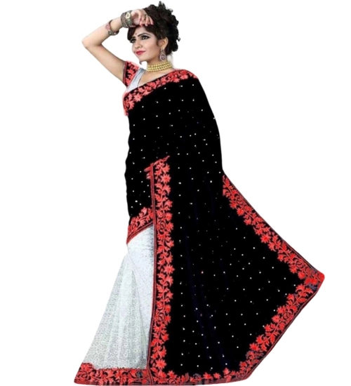 Generic Women's Velvet Embroidered Bollywood Saree With Unstitched Blouse (5.5Mtr, Blue)