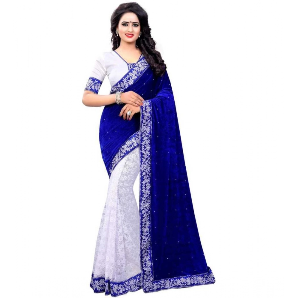 Generic Women's Velvet Embellished Saree With Unstitched Blouse (5.5Mtr, Blue-White)
