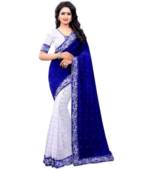 Generic Women's Velvet Embellished Saree With Unstitched Blouse (5.5Mtr, Blue-White)
