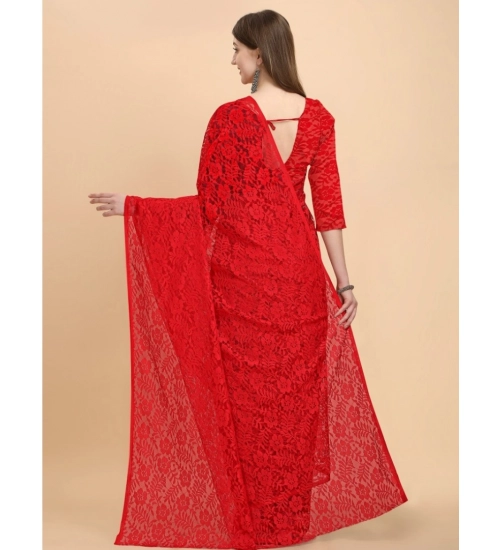 Generic Women's Net Self Design Bollywood Saree With Unstitched Blouse (5.5Mtr, Red)