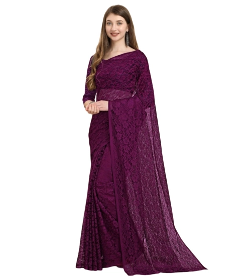 Generic Women's Net Self Design Bollywood Saree With Unstitched Blouse (5.5Mtr, Purple)