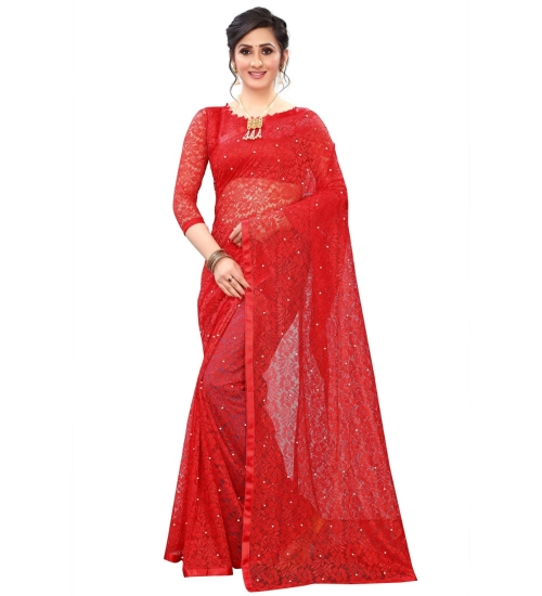Generic Women's Velvet Embellished Bollywood Saree With Unstitched Blouse (5.5Mtr, Red)
