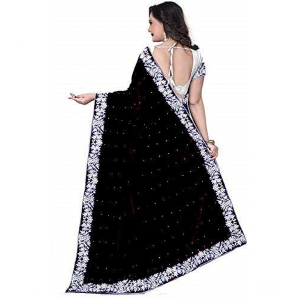 Generic Women's Velvet-Net Embroidered Saree With Unstitched Blouse (5.5Mtr, White-Black)