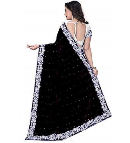 Generic Women's Velvet-Net Embroidered Saree With Unstitched Blouse (5.5Mtr, White-Black)