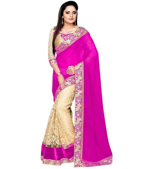 Generic Women's Georgette-Net Printed Saree With Unstitched Blouse (5.5Mtr, Pink)