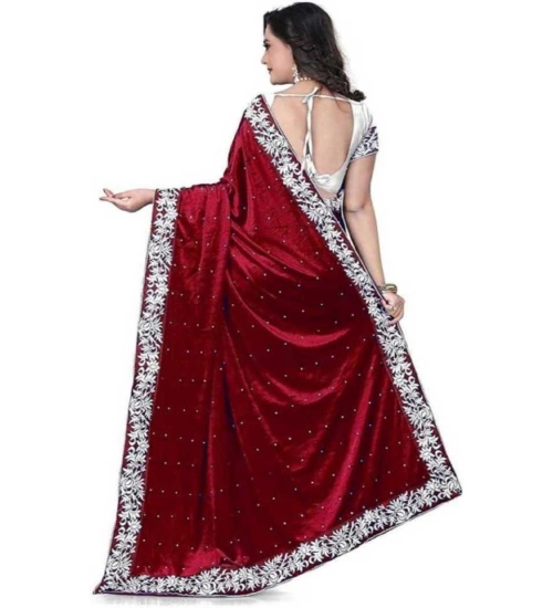 Generic Women's Velvet-Net Embroidered Saree With Unstitched Blouse (5.5Mtr, Maroon)