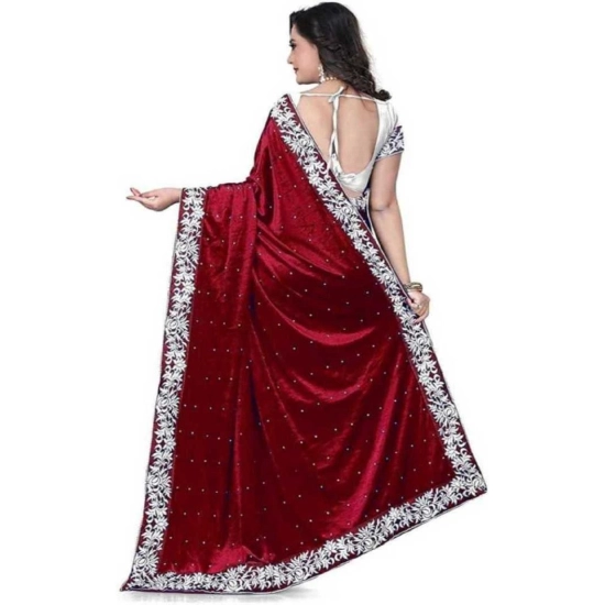 Generic Women's Velvet-Net Embroidered Saree With Unstitched Blouse (5.5Mtr, Maroon)
