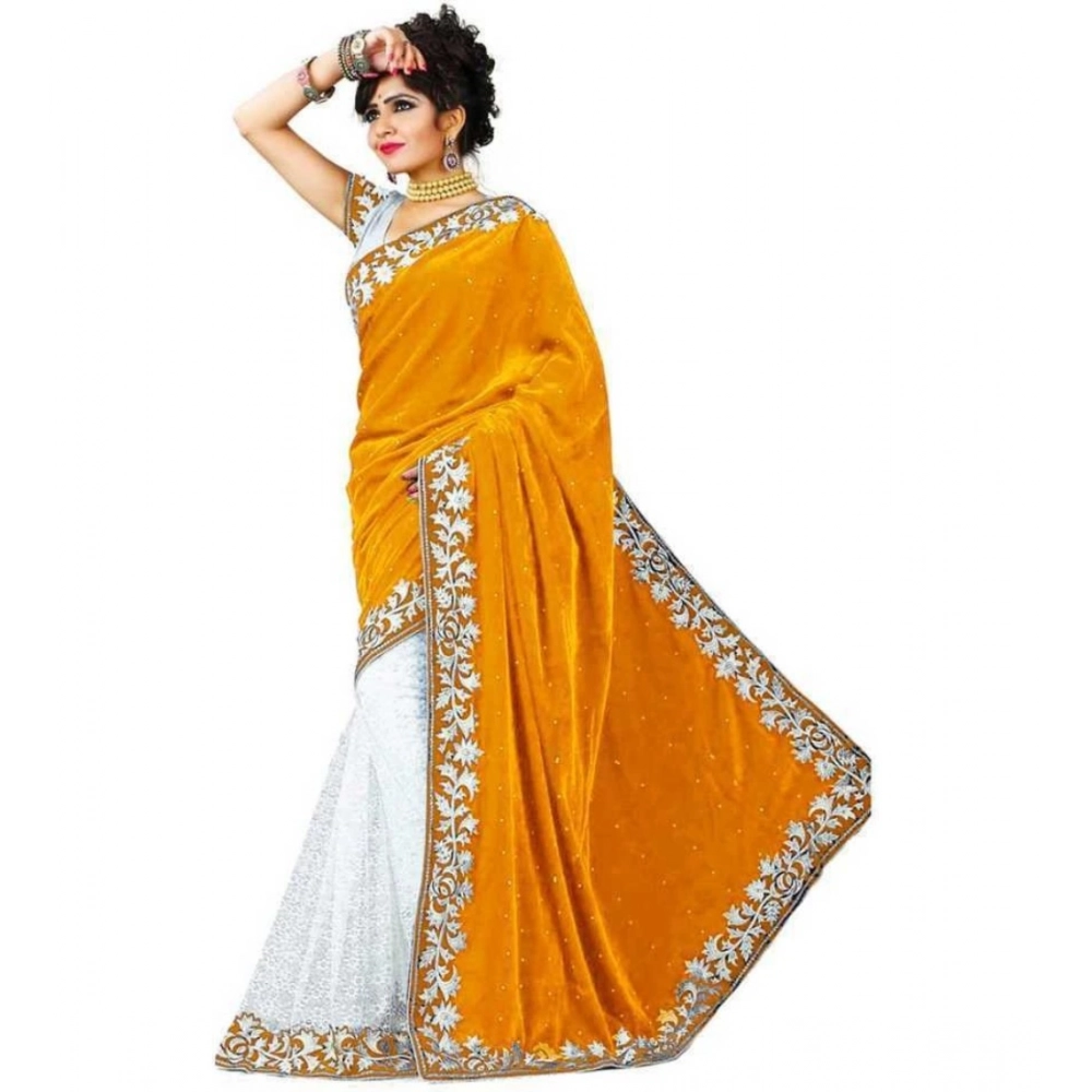 Generic Women's Velvet Embellished Bollywood Saree With Unstitched Blouse (5.5Mtr, Yellow)