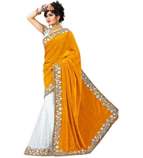 Generic Women's Velvet Embellished Bollywood Saree With Unstitched Blouse (5.5Mtr, Yellow)