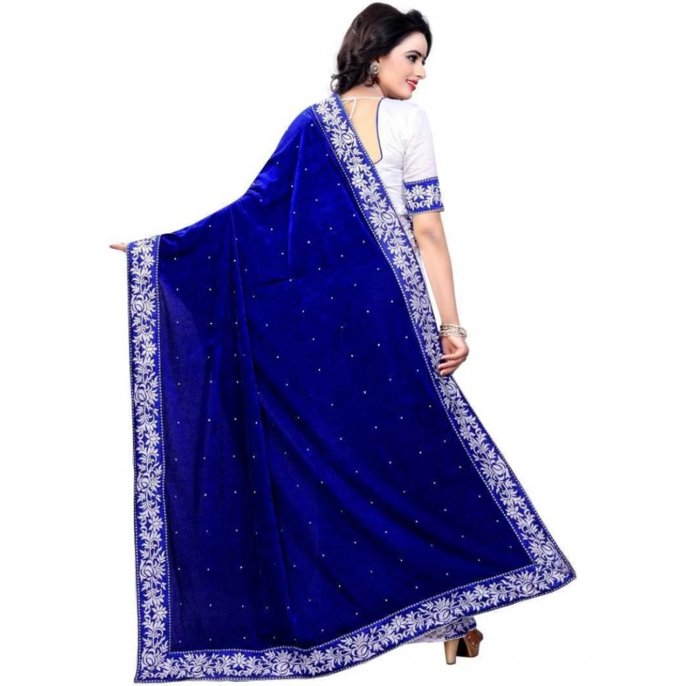 Generic Women's Velvet Embellished Saree With Unstitched Blouse (5.5Mtr, Blue-White)