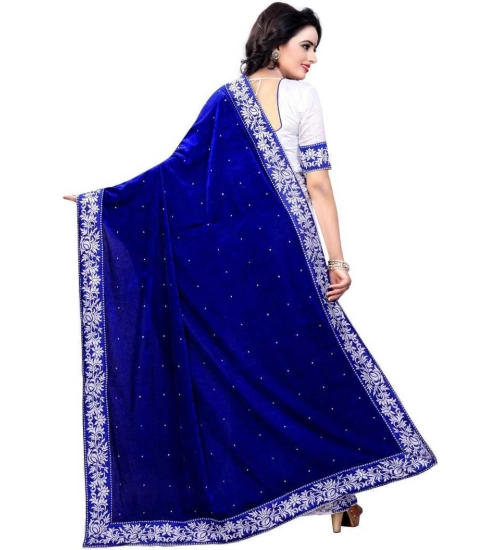 Generic Women's Velvet Embellished Saree With Unstitched Blouse (5.5Mtr, Blue-White)