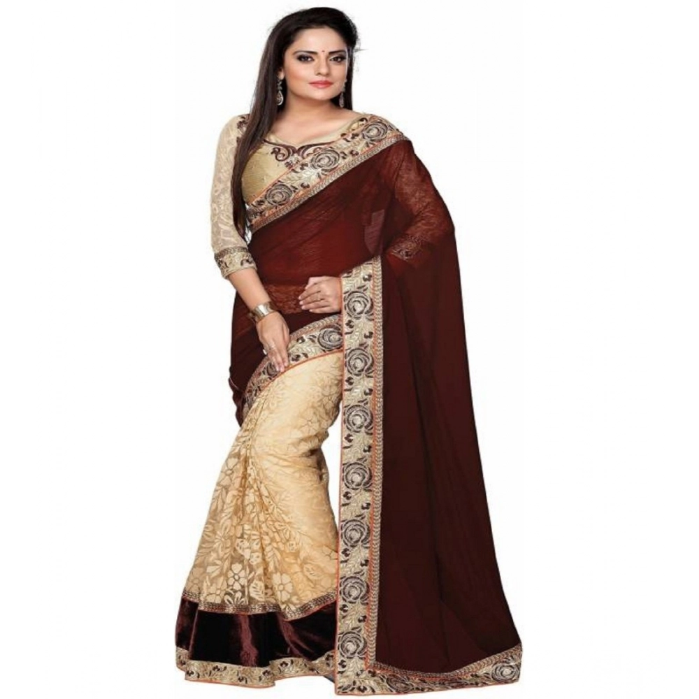 Generic Women's Georgette Printed Saree With Unstitched Blouse (5.5Mtr, Brown)