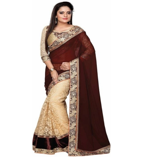 Generic Women's Georgette Printed Saree With Unstitched Blouse (5.5Mtr, Brown)