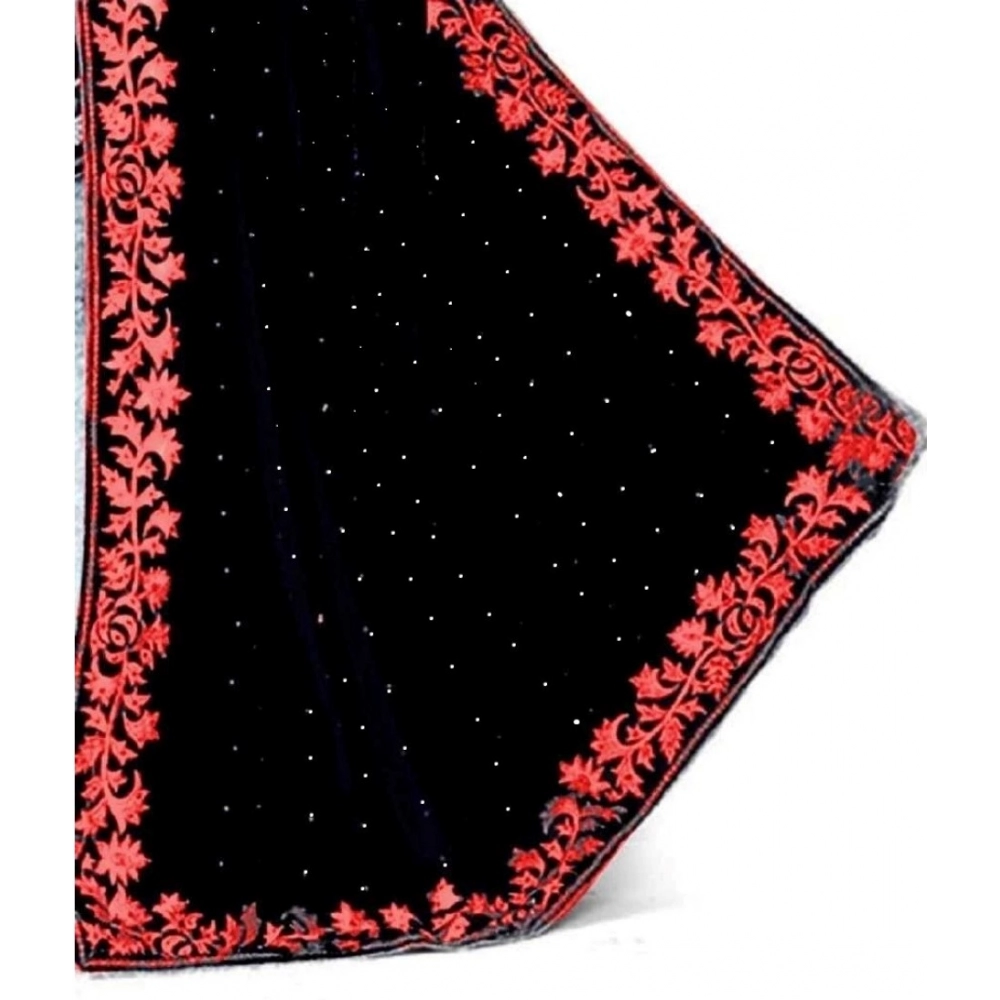 Generic Women's Velvet Embroidered Bollywood Saree With Unstitched Blouse (5.5Mtr, Blue)