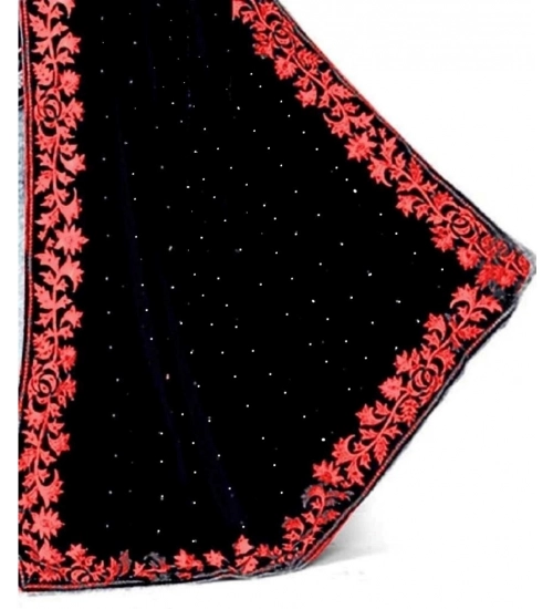 Generic Women's Velvet Embroidered Bollywood Saree With Unstitched Blouse (5.5Mtr, Blue)