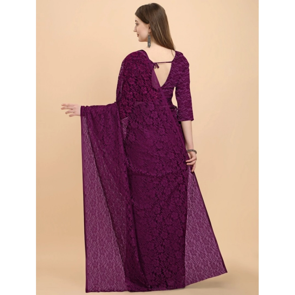 Generic Women's Net Self Design Bollywood Saree With Unstitched Blouse (5.5Mtr, Purple)