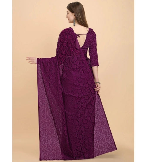 Generic Women's Net Self Design Bollywood Saree With Unstitched Blouse (5.5Mtr, Purple)