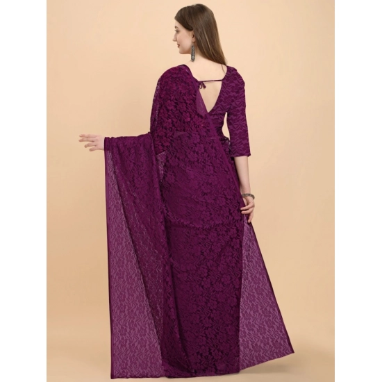 Generic Women's Net Self Design Bollywood Saree With Unstitched Blouse (5.5Mtr, Purple)