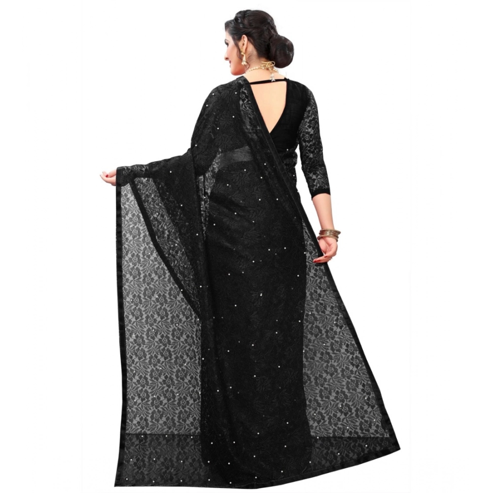 Generic Women's Velvet Embellished Bollywood Saree With Unstitched Blouse (5.5Mtr, Black)