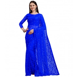 Generic Women's Velvet Embellished Bollywood Saree With Unstitched Blouse (5.5Mtr, Blue)